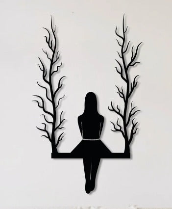 Elegant Woman Swing Metal Wall Art – Modern Tree Silhouette Home Decor